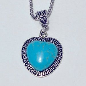 Turquoise Semiprecious Stone Heart & Silver Antique Pendant w/Silver Chain